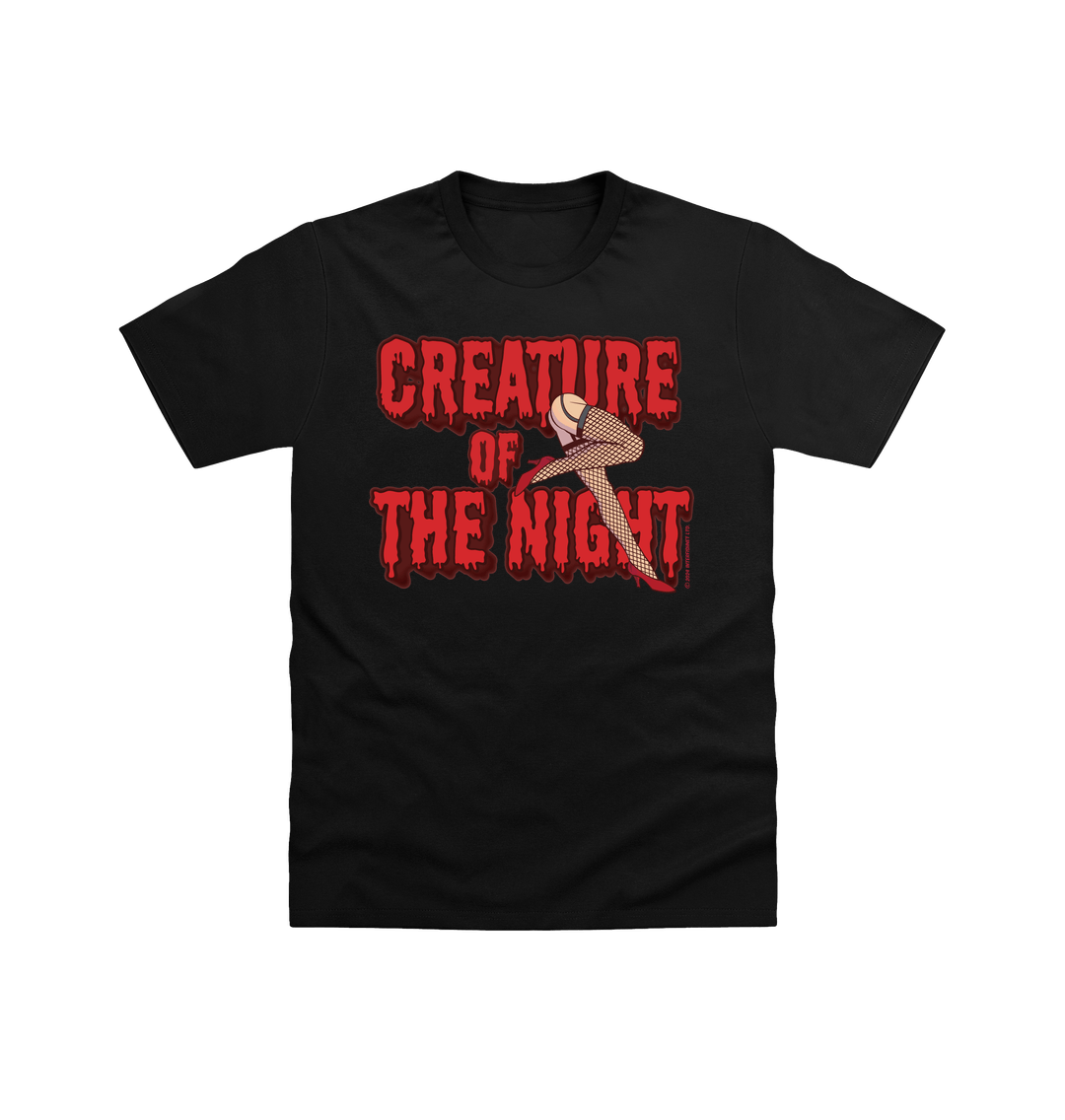 Rocky Horror Show Creature Of The Night Red Text Legs Adult T-Shirt-Rocky Horror Merch Store