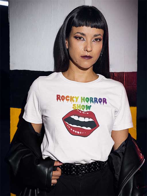 A young woman wearing an official Rockey Horror Show Open Mouth Pride Logo Women's T-Shirt