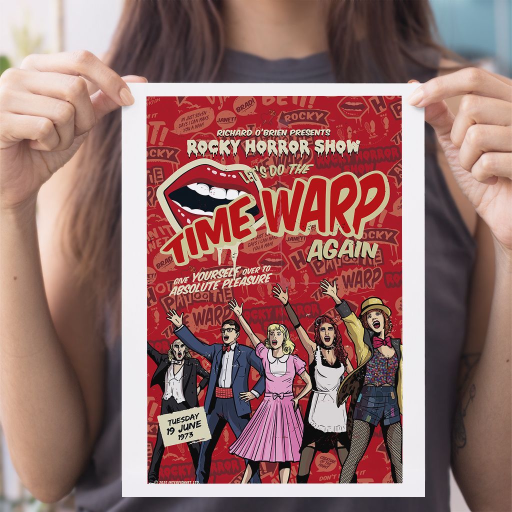 A young woman holding a Rocky Horror Show Time Warp Give Yourself Over To Pleasure A4 Print